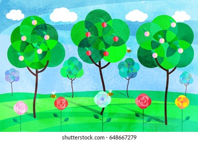 Spring landscape with fruit trees and roses. Landscape in flat style.