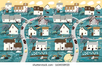 Spring landscape, garden and farming. Vector illustration of nature, village, houses, trees, people and domestic animals. Drawing of a village and city for background, poster or banner.
