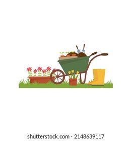 Frühlingslandschaft im Garten mit grünem Gras, Blume, Gartenkahn, Schaufel. Gartenbanner. Vektorgrafik.