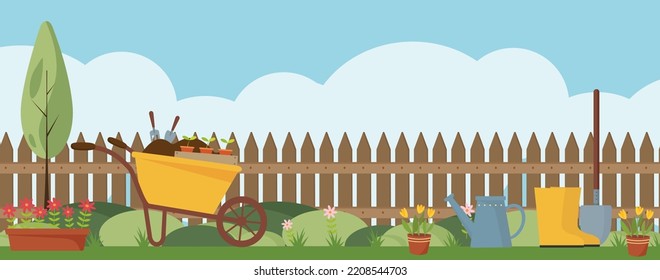 Spring landscape in the garden with green grass, flower, garden wheelbarrow, shovel. Garden banner or poster for web. Vector illustration