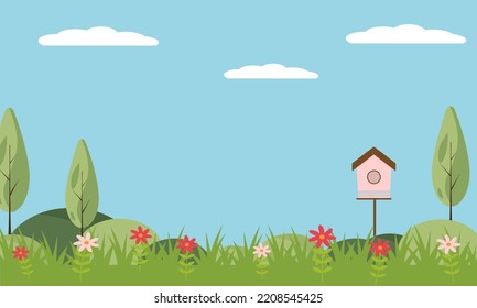 Frühlingslandschaft im Garten mit grünem Gras, Blume, Gartenkahn, Schaufel. Gartenbanner oder Plakat für Web. Vektorgrafik