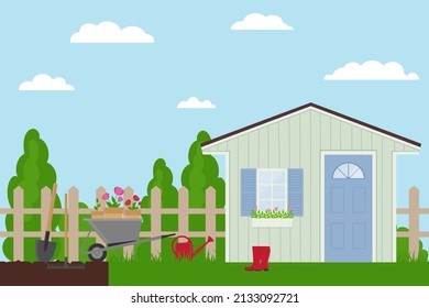 Spring landscape in the garden with garden house and tools. Template for banner, poster, flyer, card. 