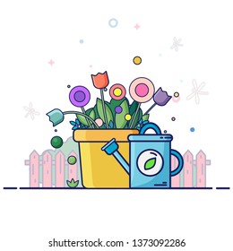 Spring landscape with garden tools - color flowers, green plants, blue watering can. Сartoon flat line style vector illustration. Can use logo, stickers, icon,web page.
