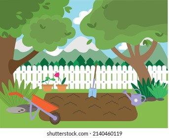 Spring landscape with garden tools, vector illustration
Backyard garden with cultivated soil, shovel and pitchfork, watering can and wheelbarrow, fence and on background. Vector gardening equipment