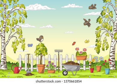 Spring landscape with gardening tolls and birds. Hand draw vector illustration.