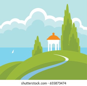 Spring landscape with a gazebo on the hill above the water. Vector illustration with hills, road, sea, sailboat and sky with clouds in flat style.