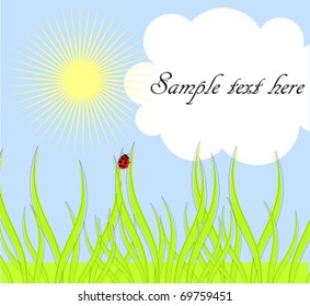 Spring landscape with grass, blue sky and ladybird. Vector illustration