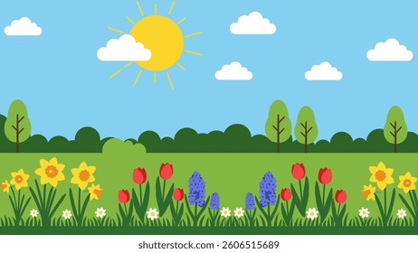 Spring landscape with grass and flowers