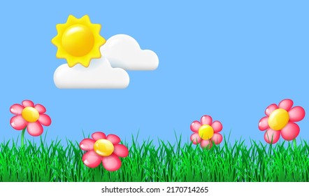 Spring landscape with grass, flowers and sun on the blue sky.  3D glossy flowers on the green field