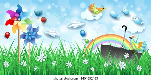 Paisaje primaveral con pasto, alfileres, paraguas y peces voladores. Pos10 de ilustración del vector