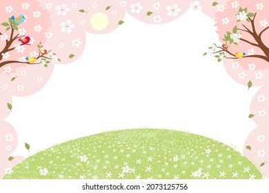 Spring landscape green field with cherry blossom frame,Vector cartoon Summer scene with bird on white Sakura branches and daisy field.Cute banner for Hello Spring, Summer time or Easter background