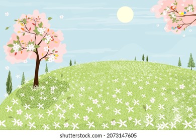 Campo verde de primavera con marco de flor de cerezo,Escena de verano de dibujos animados con pájaro sobre ramas blancas de Sakura y campo de margarita.Banner lindo para el fondo de la primavera o de Pascua