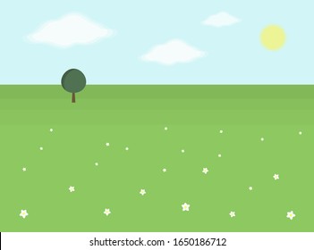 Frühlingslandschaft. Grünes Feld, weiße Blumen, Baum und Himmel. Vektorillustration.