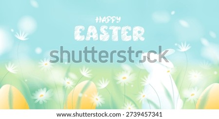 Spring landscape with green field, white flowers, blue sky, white clouds. Sunny warm day. Happy Easter greeting card with eggs, rabbit. Egg hunt. Blurred, unfocused gradient natural background. 