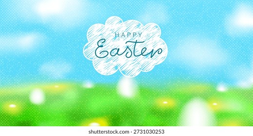 Spring landscape with green field, yellow flowers, blue sky, white clouds. Sunny warm day. Happy Easter greeting card with eggs. Egg hunt. Blurred, unfocused gradient natural background. Lettering. 