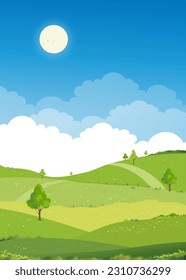 Spring landscape green fields lwith mountain, blue sky and clouds background,Vertical peaceful rural nature in springtime with green grass land.Cartoon vector illustration for spring and summer banner