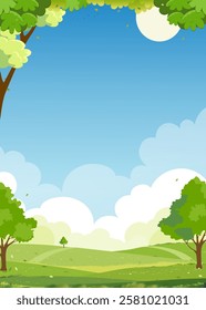 Spring landscape green fields lwith mountain, blue sky and clouds background,Vertical peaceful rural nature in springtime with green grass land.Cartoon vector illustration for spring and summer banner
