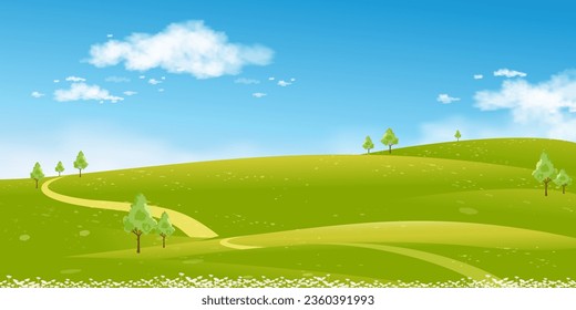 Frühlingslandschaft Grüne Felder, Hintergrund Berge, blauer Himmel und Wolken, Horizont friedliche ländliche Natur Sonnentag Sommer mit Grasland.Cartoon Vektorgrafik für Frühling- und Sommerbanner