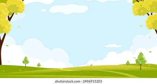 Paisaje de primavera Campos verdes, montaña, cielo azul y fondo de nubes, horizonte naturaleza rural pacífica Día soleado Verano con tierra de hierba. Ilustración vectorial de dibujos animados para el Anuncio de primavera y verano, Pascua 