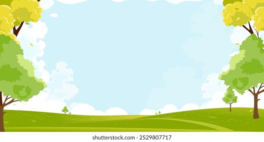 Primavera Paisagem Campos verdes, Montanha, Céu Azul e Nuvens Fundo, Horizon pacífica natureza rural Dia de sol Verão com grama land.Cartoon Ilustração vetorial para primavera e Verão banner,Páscoa 