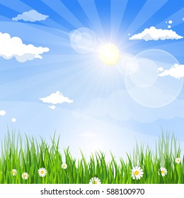 Spring Landscape Green Grass Blue Sky Land Banner Flat Vector Illustration