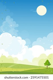 Spring landscape green grass field on mountain, blue sky, cloud background,Vertical peaceful rural nature in springtime with grass land.Cartoon vector illustration for Easter card,Summer banner