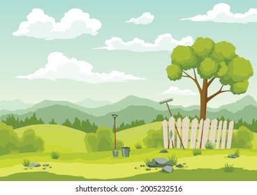 Frühlingslandschaft mit grünem Gras, Hügeln, blauem Himmel mit Wolken und Bauernmöbeln. Naturhintergrund auf ländlichem Hintergrund im flachen Cartoon-Stil. Schönes Banner mit Feld und Baum