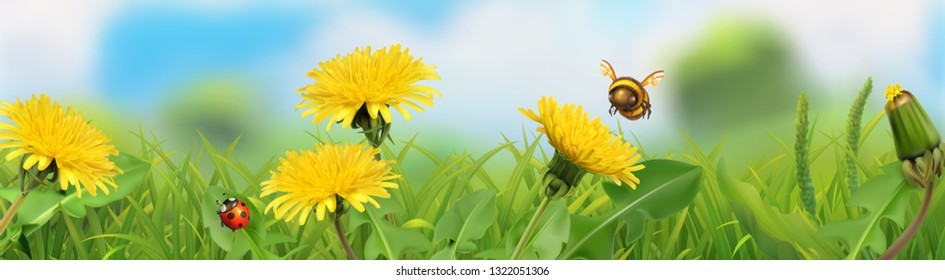 Spring landscape. Green grass and yellow dandelions. 3d vector horizontal panorama