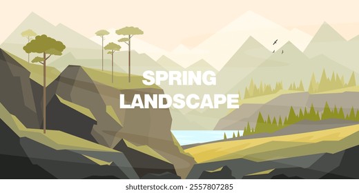 Spring landscape with green hills, layered mountains, and scattered trees. Flat design vector illustration featuring a calm, natural environment perfect for backgrounds, posters, and eco-friendly them