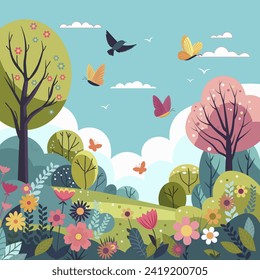 Spring landscape green meadow with butterflies on sky. Colorful wild flowers blooming. Artistic drawing with green forest and natural flora. Scenic background outdoor countryside. Vector illustration