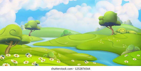 Spring landscape. Green meadow with daisies vector illustration