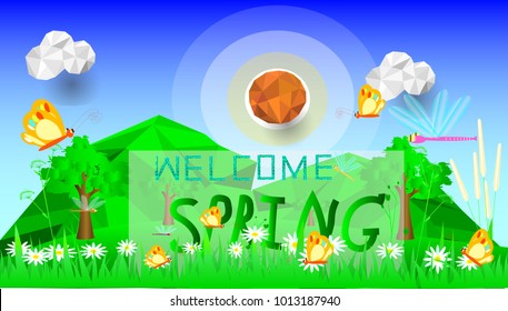 spring landscape green mountain low poly effect art, and wording "welcome spring" into image, and plant flower is blooming and butterflies flying above it, sun sky background, vector art ,illustration