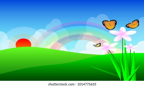 spring landscape green mountain vector art and illustration, and flower plant and butterfly flying in front of image, and sun blue sky background.