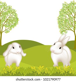 Spring landscape with green swells of the ground, grass and trees. Easter egg hunt scene with two easter bunny. Vector illustration