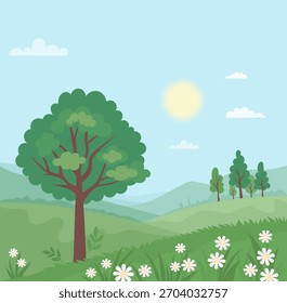 Paisagem de primavera com árvores verdes, grama e camomila florescendo flores brancas. Cartaz da natureza sazonal. Plano de fundo quadrado plano mínimo da primavera. Ilustração vetorial. Não é IA