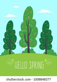 Spring Landscape with Green Trees and Hello Spring Text. Flat Design Style. 