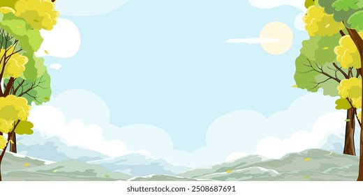 Paisagem de primavera Árvores Verdes, Montanha, Sol, Céu Azul e Fundo de Nuvens, Horizonte Natureza Rural Pacífica no Verão do Dia Ensolarado, Ilustração do Vetor de Desenhos Animados para a Páscoa 