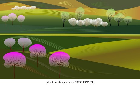 Spring landscape. Green and yellow hills. Blooming trees. Sakura.