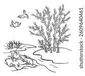 Spring landscape. Hand drawn outline seasonal illustration with melting snow, stream, thawed patch, blooming willow bush, mouse sniffing snowdrop and singing birds. Signs of Spring Coloring Page.
