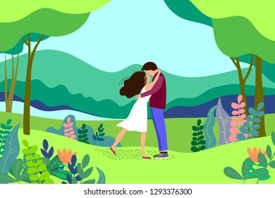  Spring  landscape with happy man and woman.Vector illustration. 