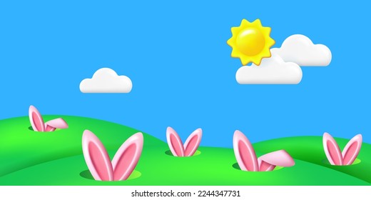 Spring landscape with hidden pink rabbits. Pink bunny ears in the minks, green hills, realistic sun and white clouds