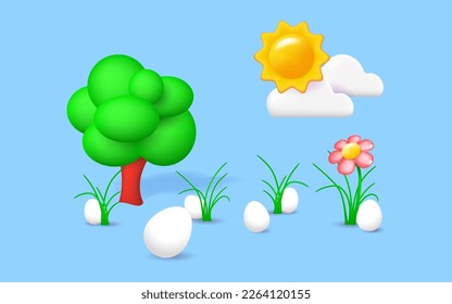 Spring landscape with hidden white eggs in grass. Vector Easter illustration