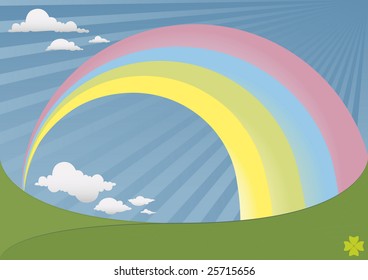 spring landscape with hills and the sky with rainbow