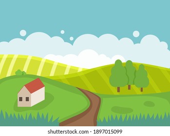 Spring landscape with hills, trees, house and road. Background for poster,banner and greeting card. Flat vector illustration.