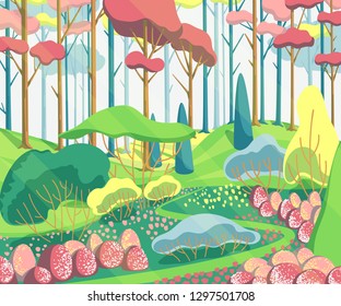 Spring landscape with hills, trees, plants, bushes, flowers and pathway. Beautiful scenery background. Colorful vector illustration