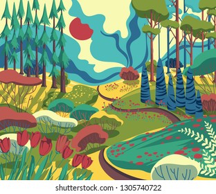 Paisaje primaveral con colinas, árboles, plantas, arbustos, caminos y tulipanes floridos. Un paisaje precioso. Ilustración vectorial colorida