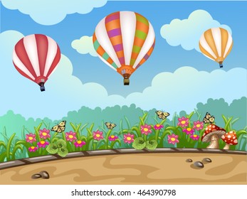 Spring landscape with hot air balloon