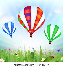 Spring landscape with hot air balloons