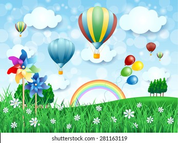 Spring landscape with hot air balloons, vector illustration 