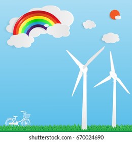 Spring landscape with hot wind wheel, vertical version. Vector illustration